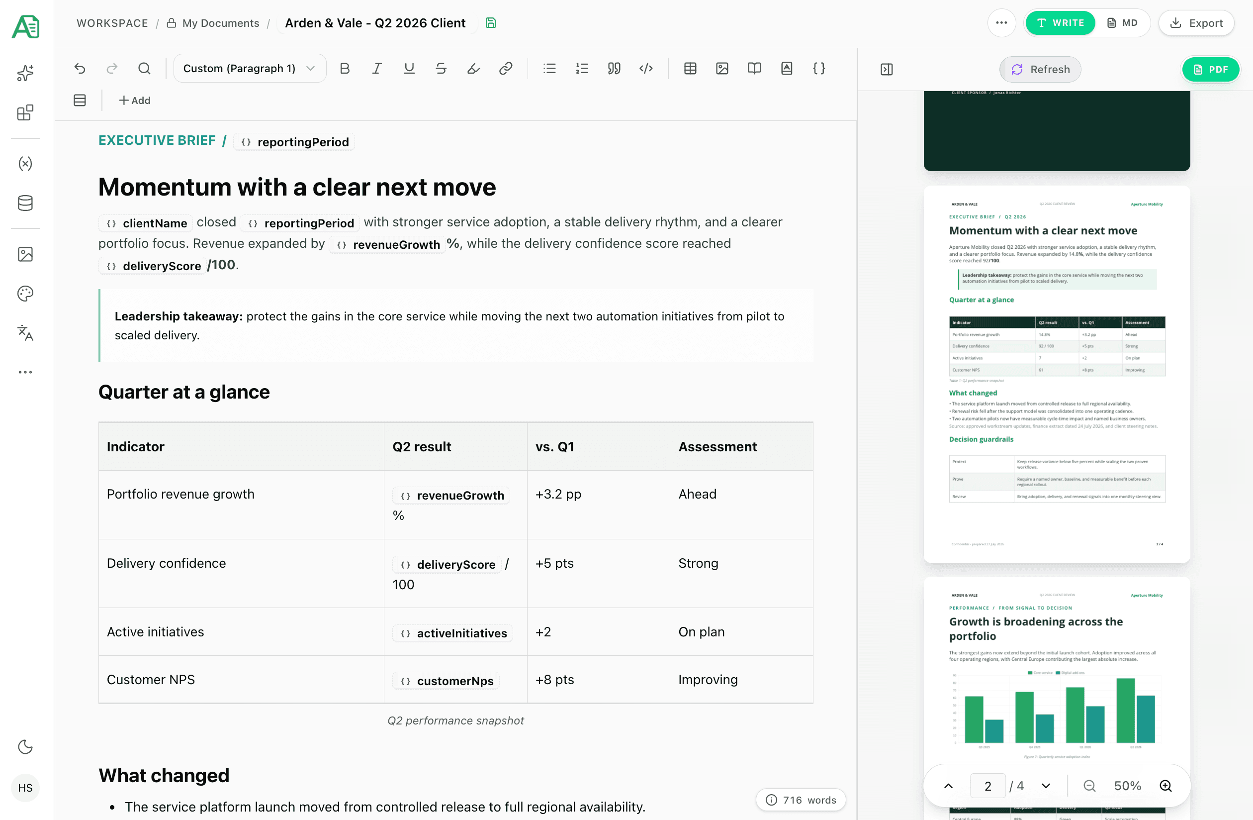 Arden-&-Vale-Kundenbericht im Autype-Rich-Text-Editor mit Live-PDF-Vorschau