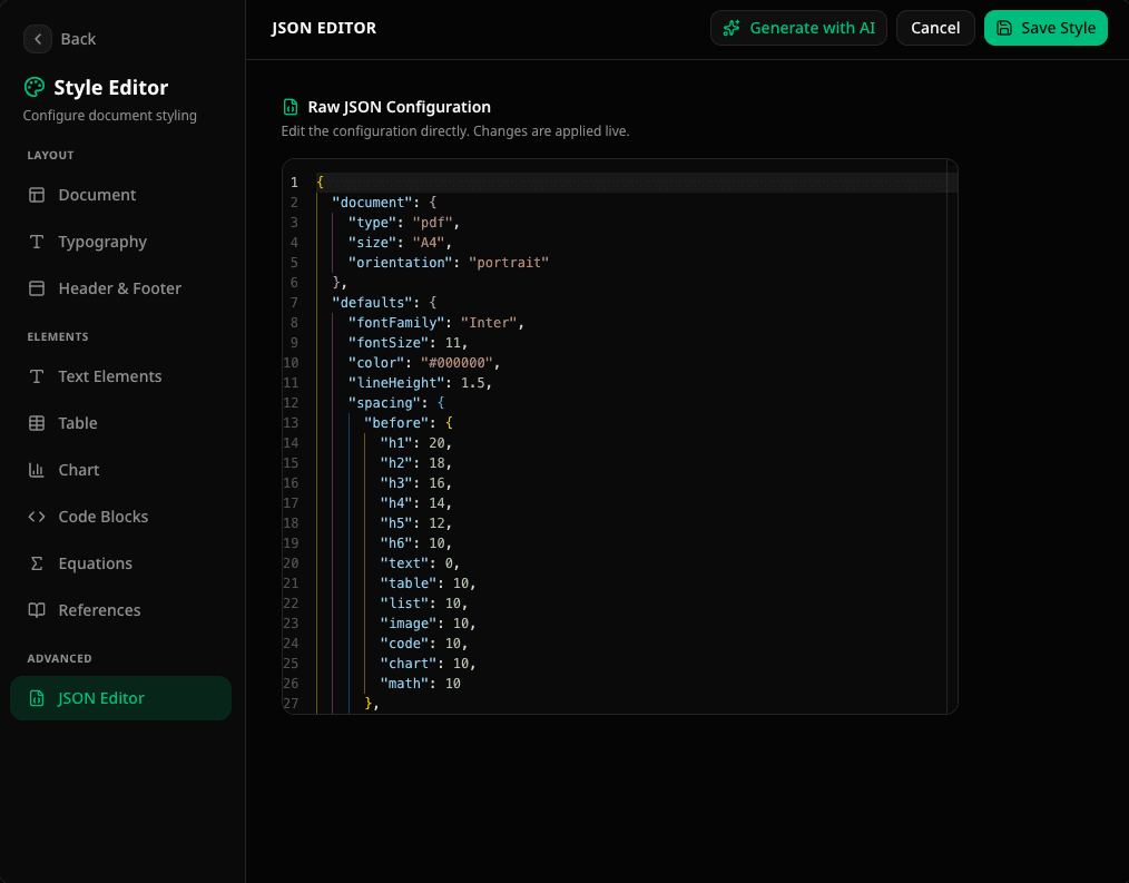Editor de estilos de Autype con estilos documentales reutilizables en JSON
