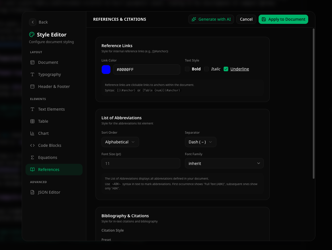Style editor with text element configuration for headings, fonts, and spacing