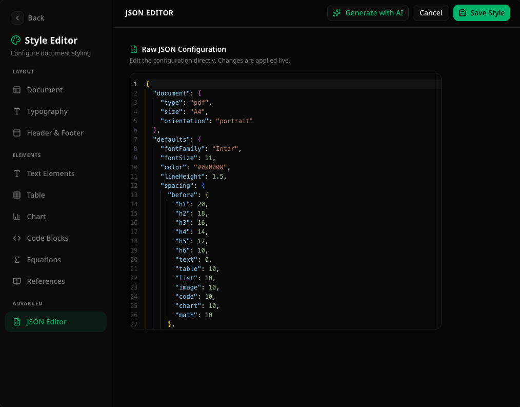 Autype Style Editor — JSON view