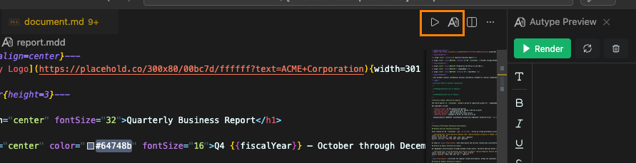 Click the Autype icon or the Render button in the editor title bar to open the preview panel